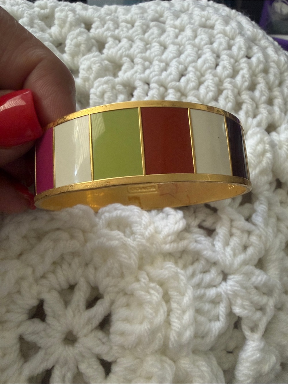 Coach Gold-Tone Enamel Bangle with Pink, Cream, Lime, Rust, and Brown Panels